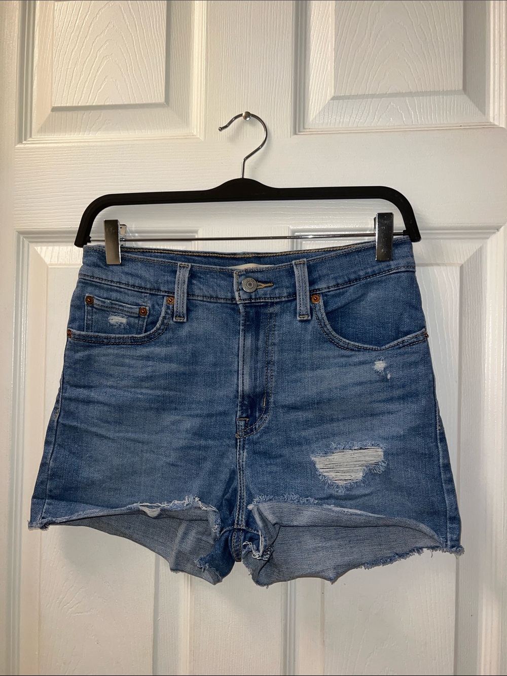 Levi’s High-Rise Distressed Blue Denim Jean Shorts